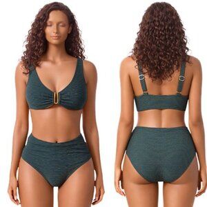 Large Dark Green Ribbed Textured U Wire V Neck High Waisted Bikini Set NWT